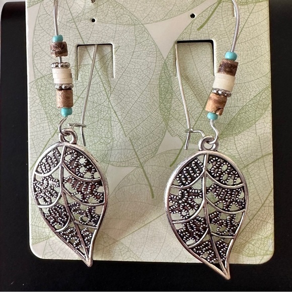 Bohemian Leaf Shaped Silver Tone Hoop Earrings - Picture 5 of 5